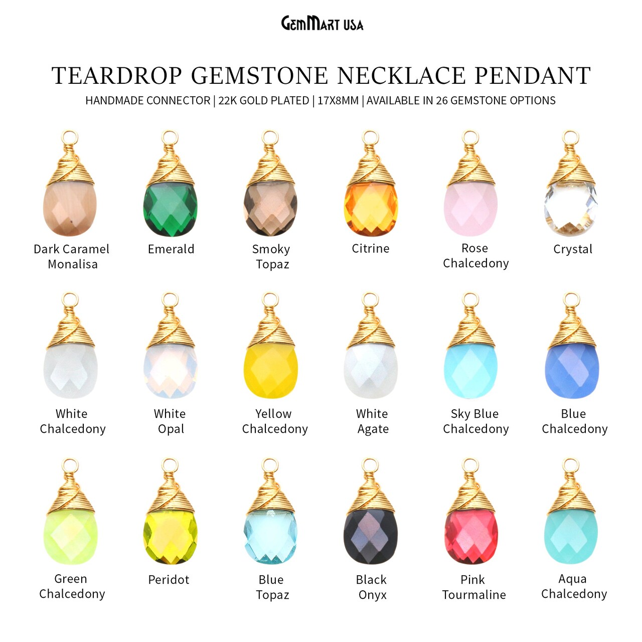 Teardrop Gemstone Necklace Pendant, 17x8mm Gold Plated Gemstone Connector, Wire Wrapped Bracelet Charm, DIY Jewelry, GemMartUSA (50597)